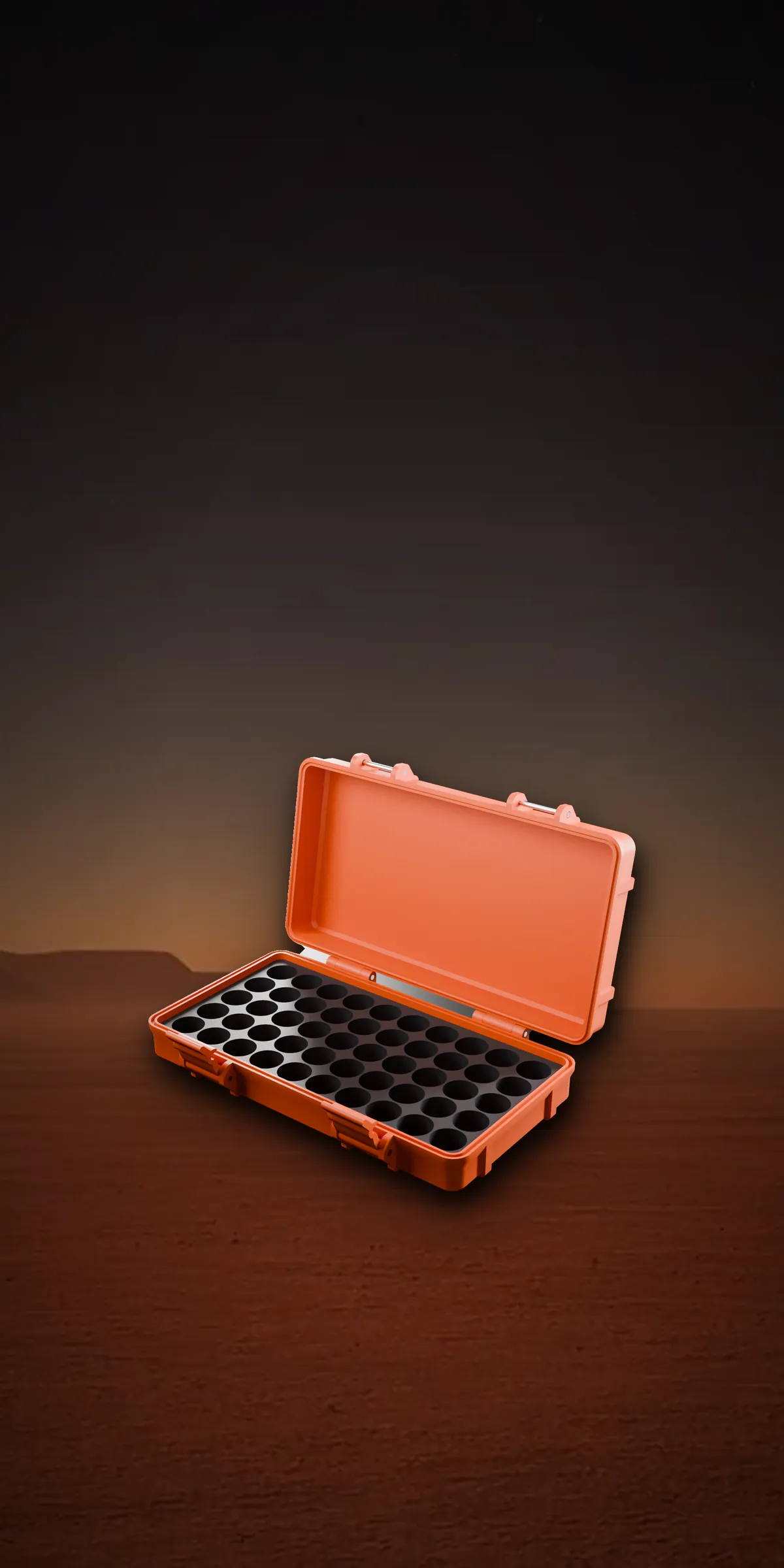 Red 50-slot hard-shell vial case on a Mars-red horizon