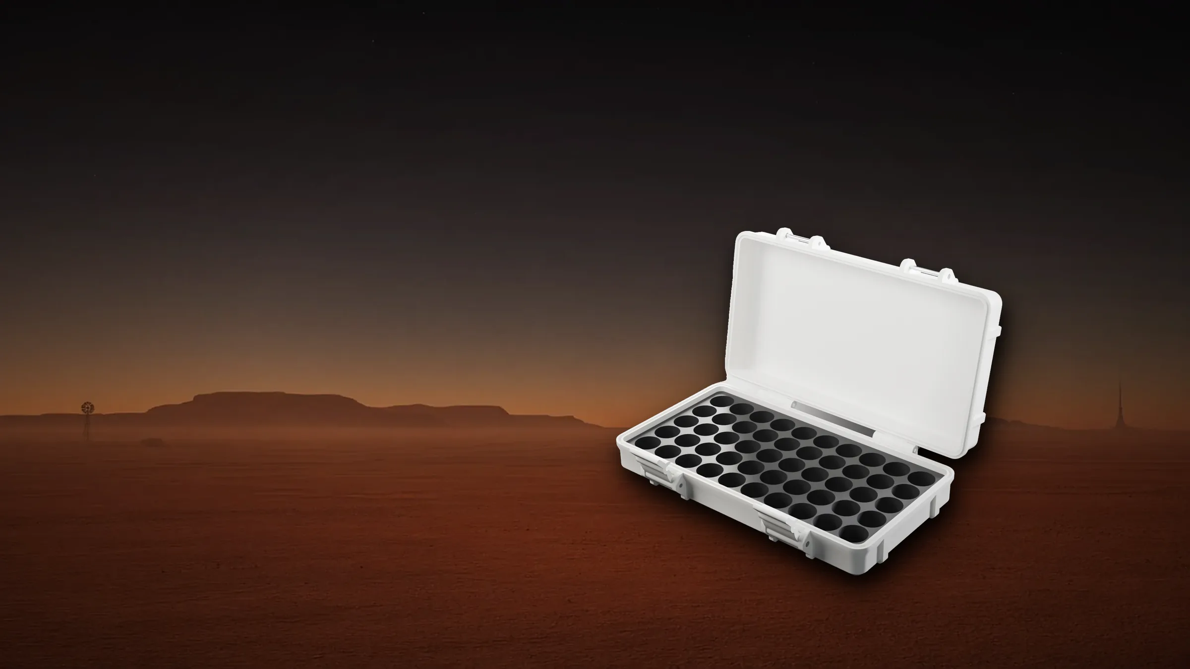 Pink 50-slot vial case on a red Mars-like horizon