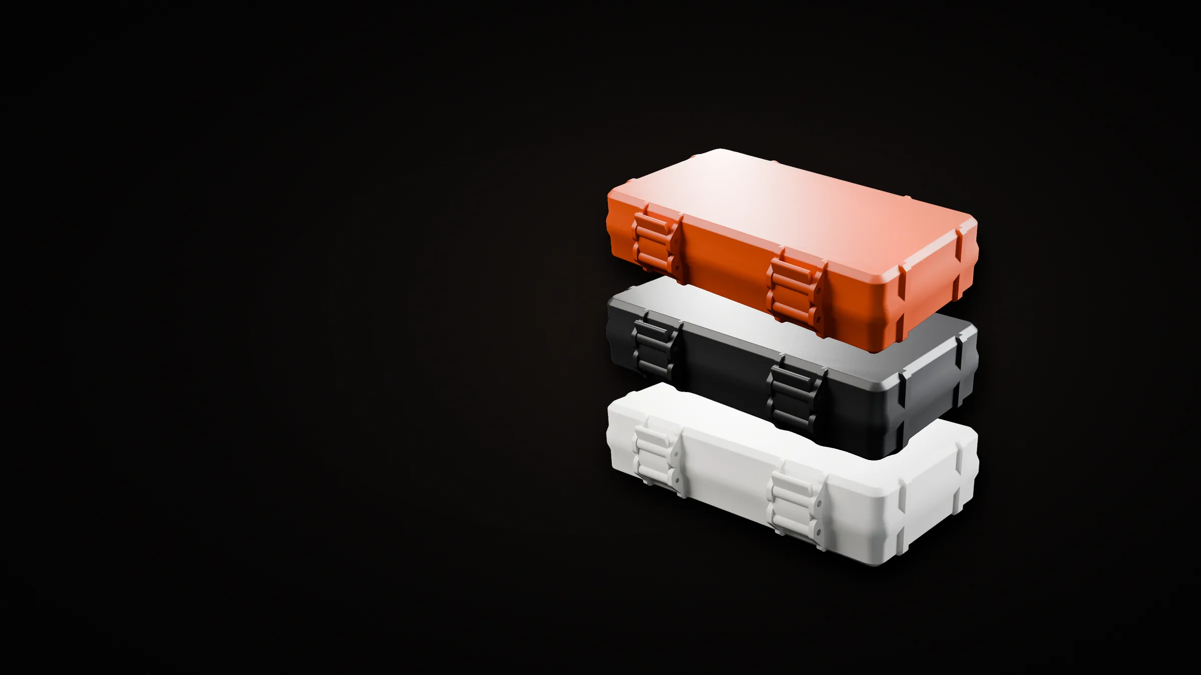 Three stacked vial cases in pink, black and blue